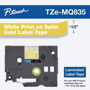 TZEMQ835 White on Satin Gold Label Tape for P-Touch 110